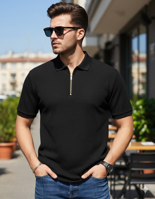 Siya Fashion Solid Men Zip Neck Black T-Shirt