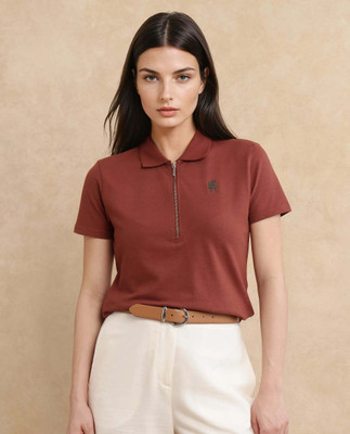 RAREISM Solid Women Polo Neck Brown T-Shirt