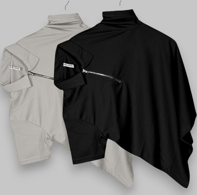 PRAIZY Self Design Men Zip Neck Black, Grey T-Shirt