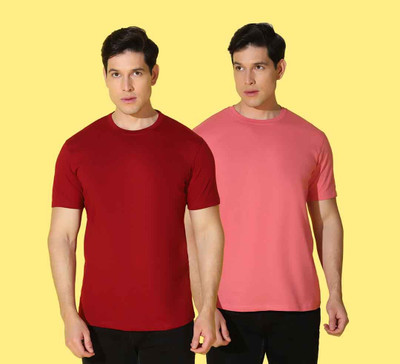 WOOSTRO Solid, Printed Men Round Neck Maroon, Pink T-Shirt