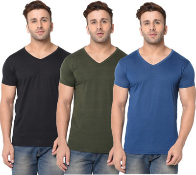 JB Jagoboy Solid Men V Neck Green, Blue, Black T-Shirt