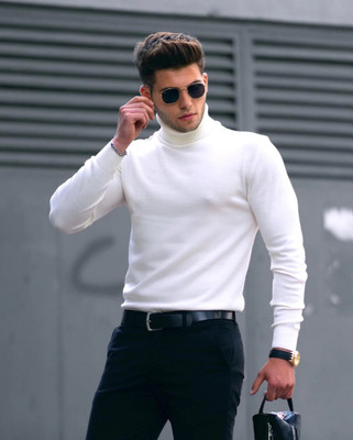 Plus91 Solid Men Turtle Neck White T-Shirt