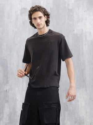 WROGN Washed Men Crew Neck Black T-Shirt