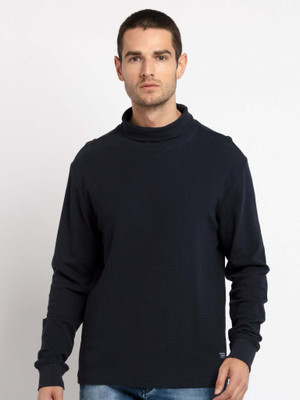 Status Quo Solid Men Turtle Neck Dark Blue T-Shirt