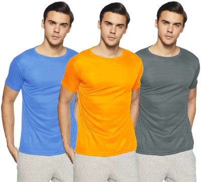 Femto Solid Men Round Neck Yellow, Light Blue, Grey T-Shirt