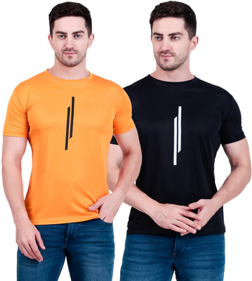 OCTOVEEJ Solid Men Round Neck Yellow, Black T-Shirt
