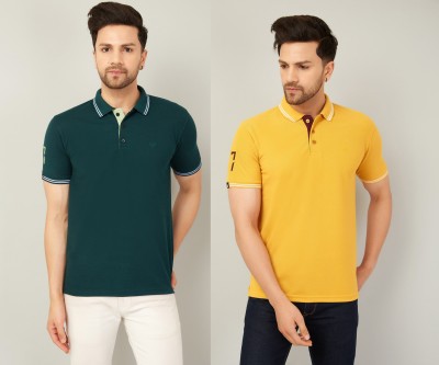 We Perfect Solid Men Polo Neck Green, Yellow T-Shirt