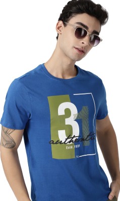 AD by Arvind Typography Men Round Neck Dark Blue T-Shirt