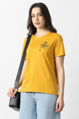 VAN HEUSEN Graphic Print Women Round Neck Yellow T-Shirt