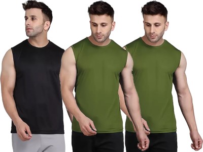 Think Tech Solid Men Round Neck Black, Dark Green T-Shirt