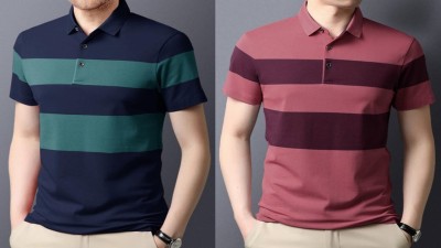 EMERALD Striped Men Polo Neck Multicolor T-Shirt