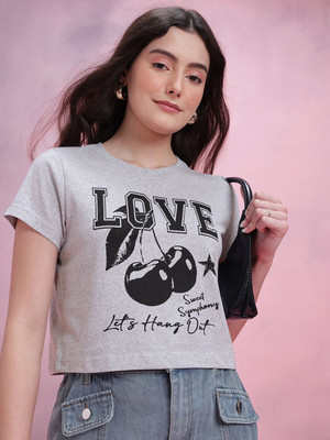 Dressberry Printed Women Round Neck Grey T-Shirt