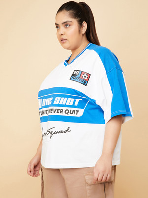 MAX Printed Women Round Neck White, Blue T-Shirt