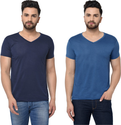 Tresna Trendy Solid Men V Neck Dark Blue T-Shirt