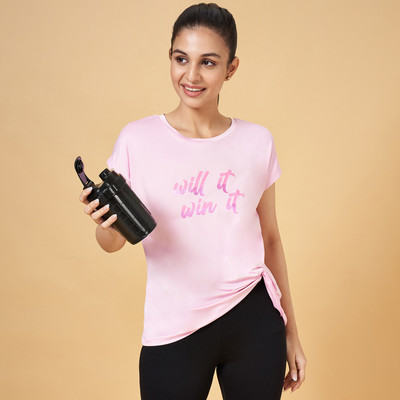 Ajile By Pantaloons Printed, Typography Women Round Neck Pink T-Shirt