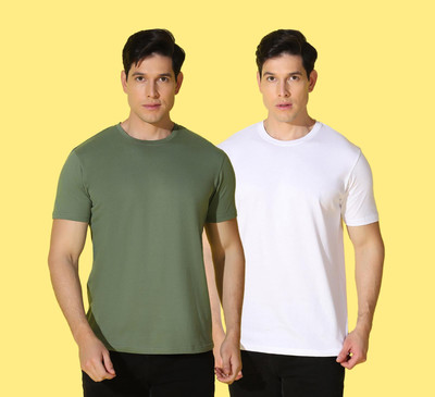 WOOSTRO Solid Men Round Neck Green, White T-Shirt