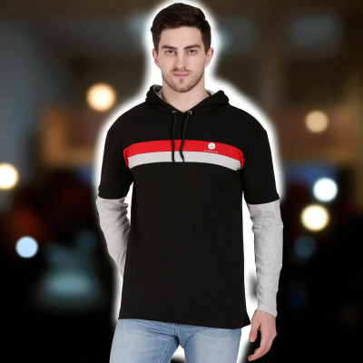 Faricon Trend Colorblock Men Hooded Neck Black T-Shirt