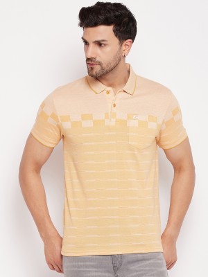 98 Degree North Striped Men Polo Neck Yellow T-Shirt