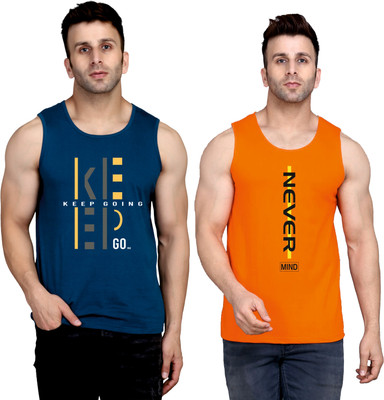 SLOWLORIS Printed Men Round Neck Dark Blue, Orange T-Shirt