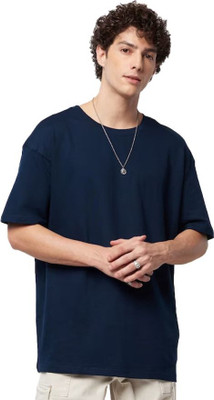 RULEDBYSUN Solid Men Round Neck Navy Blue T-Shirt