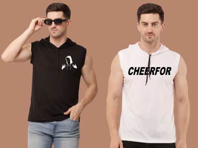 Mundali Printed Men Hooded Neck Black, White T-Shirt