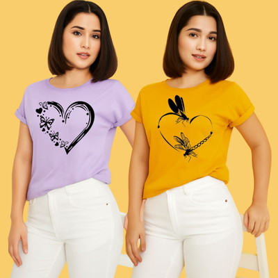 Kintu Parantu Printed Women Round Neck Purple, Yellow T-Shirt