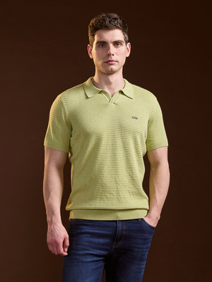 THE BEAR HOUSE Self Design Men Polo Neck Green T-Shirt