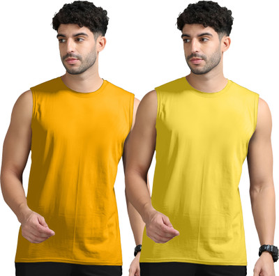 Adorbs Solid Men Round Neck Yellow T-Shirt