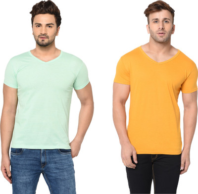 Tresna Trendy Solid Men V Neck Light Green, Yellow T-Shirt