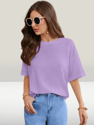 Blludart Self Design Women Round Neck Purple T-Shirt