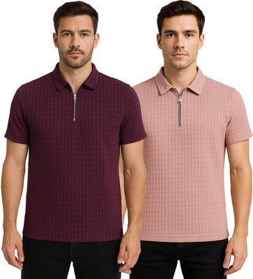 KEOTI Self Design Men Zip Neck Maroon, Pink T-Shirt