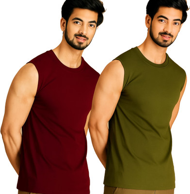 Jangoboy Solid Men Round Neck Maroon, Dark Green T-Shirt