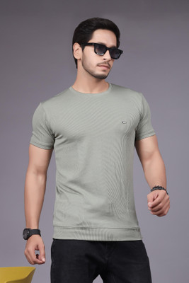 Fashion drape Self Design Men Round Neck Grey T-Shirt