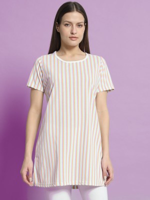 OGEN Striped Women Round Neck Orange, White T-Shirt