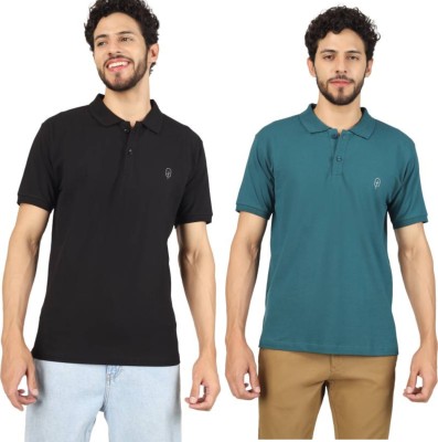 BlueFicus Solid Men Polo Neck Black, Dark Green T-Shirt