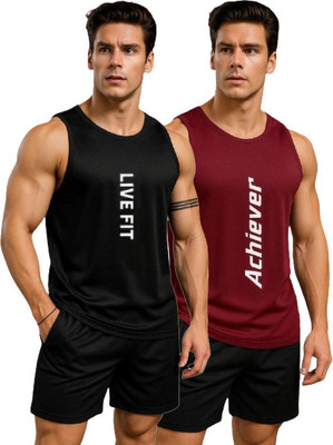 dashzone Printed Men Round Neck Black, Maroon T-Shirt
