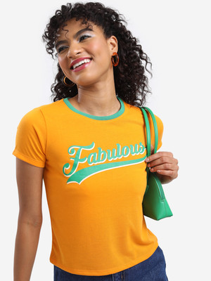 Tokyo Talkies Typography Women Round Neck Yellow T-Shirt