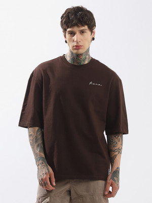 Hubberholme Solid Men Crew Neck Brown T-Shirt