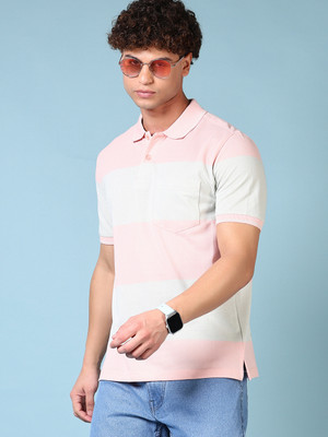 V-MART Striped Men Polo Neck Pink T-Shirt