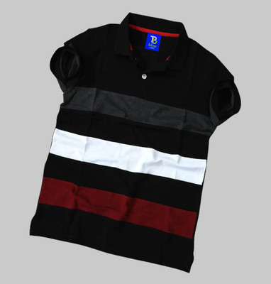 TB Blue Striped Men Polo Neck Black, Red T-Shirt