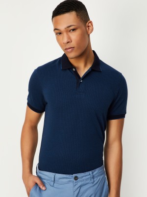 MAX Solid Men Polo Neck Blue T-Shirt