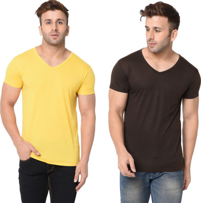 Tresna Trendy Solid Men V Neck Brown, Yellow T-Shirt
