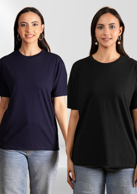 BELWELL Solid Women Round Neck Blue, Black T-Shirt