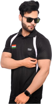 O-MART Military Camouflage, Solid Men Mandarin Collar White, Multicolor T-Shirt