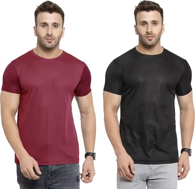 Think Tech Solid Men Round Neck Maroon, Black T-Shirt