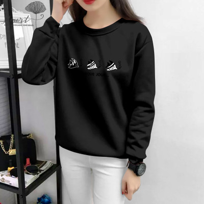 ISTA FASHION Printed Women Round Neck Black T-Shirt