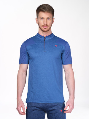 TECHNOSPORT Colorblock Men Mandarin Collar Blue T-Shirt