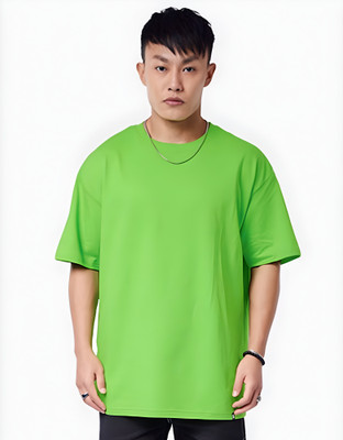 Be Beas Solid Men Round Neck Light Green T-Shirt