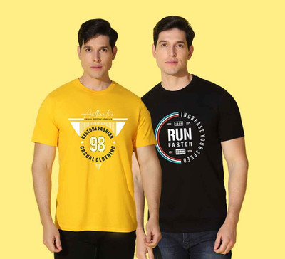 WOOSTRO Printed, Solid Men Round Neck Yellow, Black T-Shirt