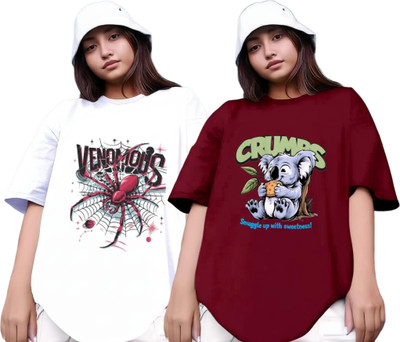 RS FASHION Printed Women Round Neck White, Maroon T-Shirt